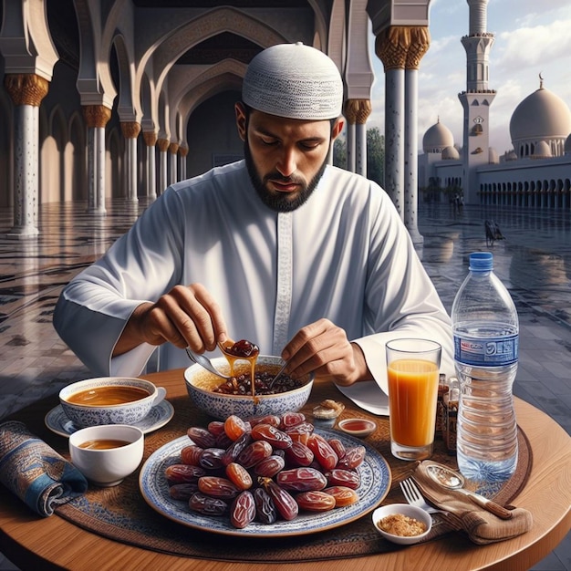 Le coucher de soleil ravit une table d'iftar musulmane remplie de plats délicieux et de friandises sucrées.