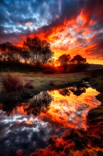 Un coucher de soleil avec un reflet des arbres et du ciel