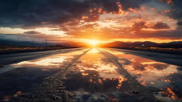 Un coucher de soleil avec un reflet du ciel et du soleil