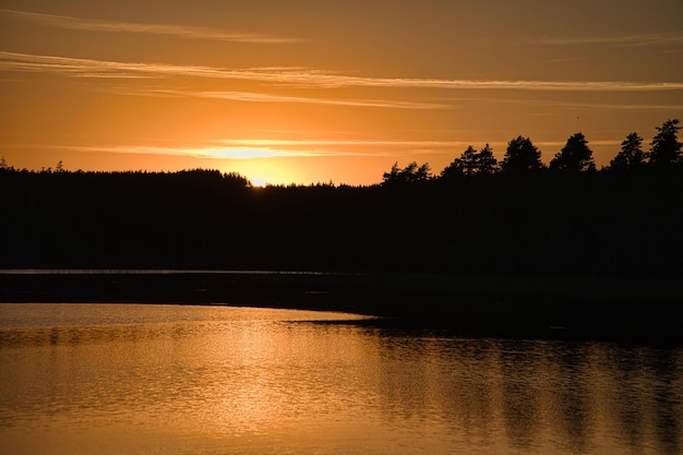 Coucher de soleil avec réflexion sur un lac suédois dans l'ambiance de soirée Smalland Romantique