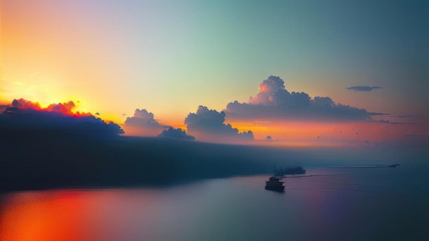 Un coucher de soleil sur une rivière avec un bateau au premier plan