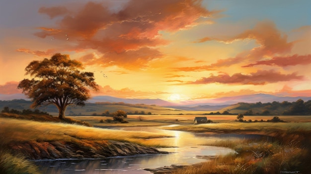 Un coucher de soleil sur une rivière avec un coucher de soleil en arrière-plan