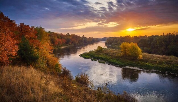 Le coucher de soleil sur la rivière dans la vallée à travers la forêt