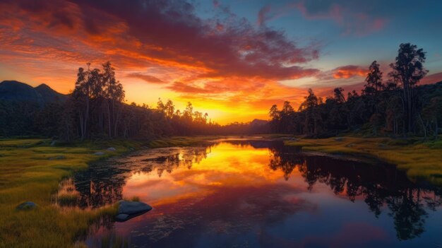 Un coucher de soleil sur une rivière avec une forêt en arrière-plan