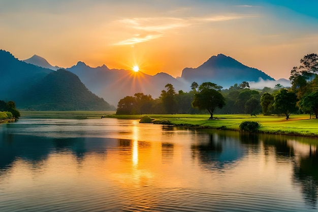 Coucher de soleil sur la rivière kwai