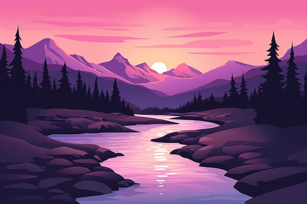 Le coucher de soleil de la rivière de montagne Illustration vectorielle du paysage