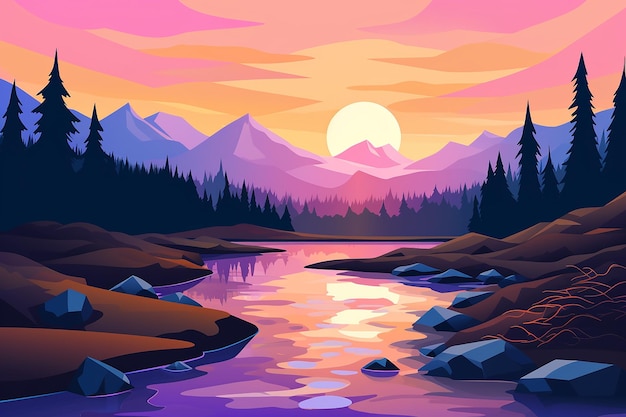 Le coucher de soleil de la rivière de montagne Illustration vectorielle du paysage