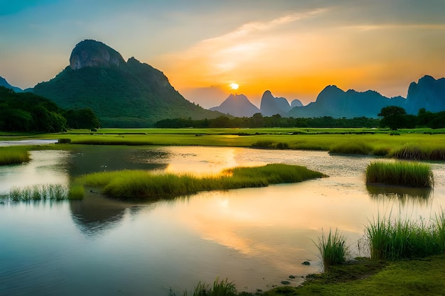 un coucher de soleil sur une rivière avec des montagnes en arrière-plan