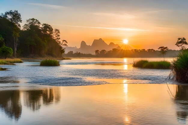 Le coucher de soleil sur une rivière avec des montagnes en arrière-plan