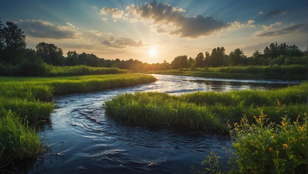 coucher de soleil sur une rivière avec des rives couvertes de plantes vertes