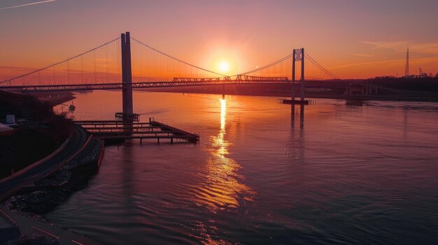 Le coucher de soleil sur la rivière Serene avec le pont suspendu