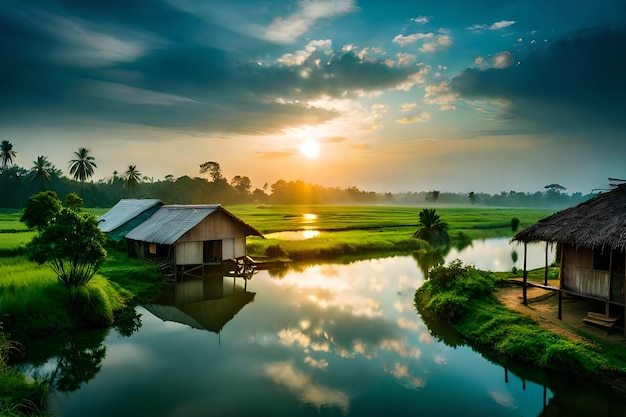 Un coucher de soleil sur une rizière avec une maison au premier plan