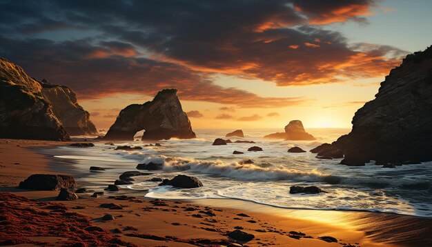 Le coucher de soleil sur les rochers et les falaises du littoral crée un paysage majestueux généré par l'intelligence artificielle