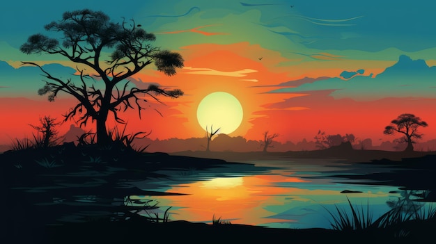 Coucher De Soleil Romantique Dans Une Illustration De Paysage D'animaux Sauvages