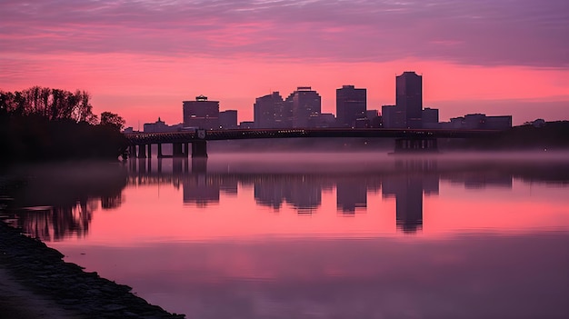 Un coucher de soleil rose sur l'eau avec la ville de portland en arrière-plan