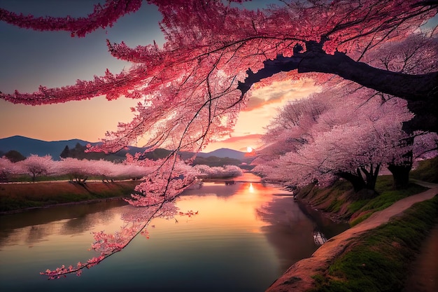 Un coucher de soleil rose sur une rivière avec une rivière et un arbre à fleurs roses.