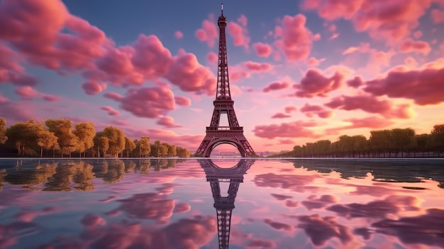 Un coucher de soleil rose avec la tour eiffel au premier plan