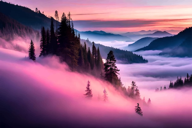 Un coucher de soleil rose sur une vallée brumeuse avec un ciel violet et des arbres au premier plan.