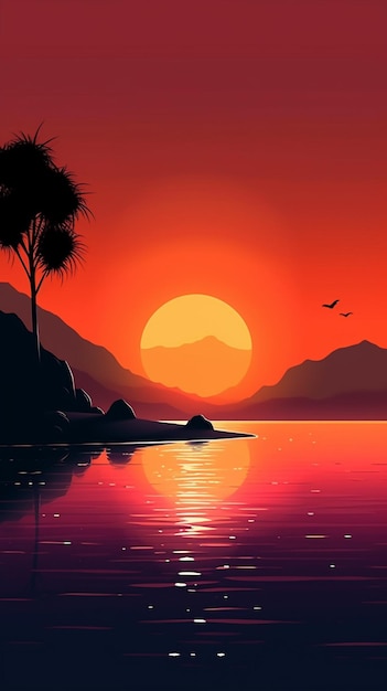 Un coucher de soleil rouge avec une montagne en arrière-plan.