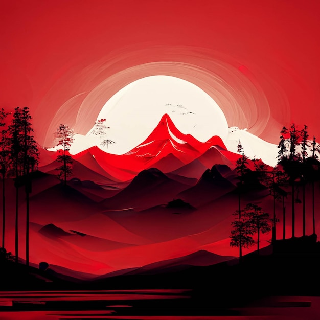 Coucher de soleil rouge avec des montagnes et des arbres au premier plan ai générative