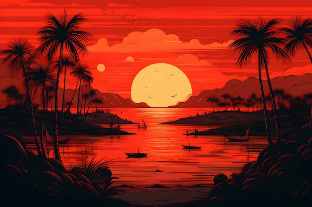 Un coucher de soleil rouge avec des palmiers et un bateau sur l'eau.