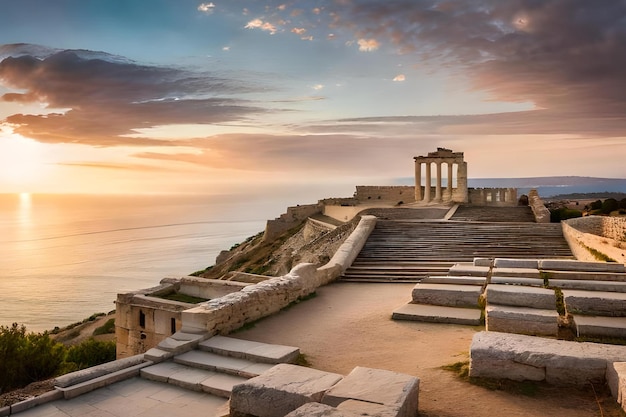 Un coucher de soleil sur les ruines de l'ancien temple grec.