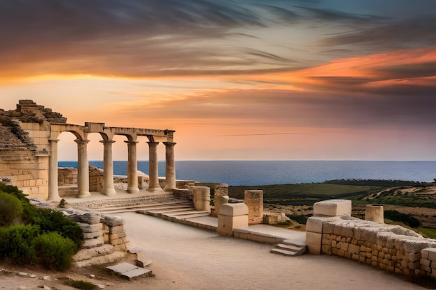 Un coucher de soleil avec les ruines de l'ancienne ville d'agia péloponnèse