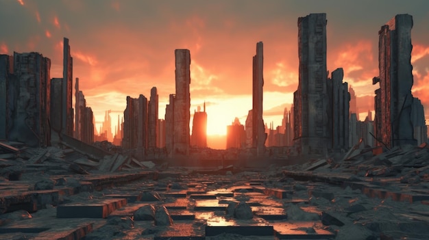 Le coucher de soleil sur les ruines Un aperçu d'une métropole dystopique