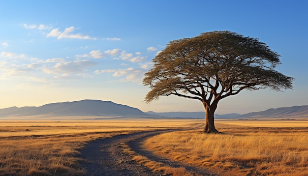 Le coucher de soleil sur la savane africaine un paysage tranquille et isolé généré par l'IA