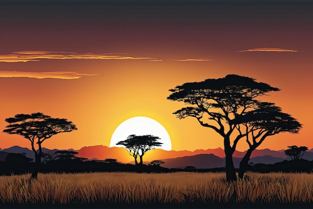 Le coucher de soleil de la savane africaine avec les silhouettes des acacias