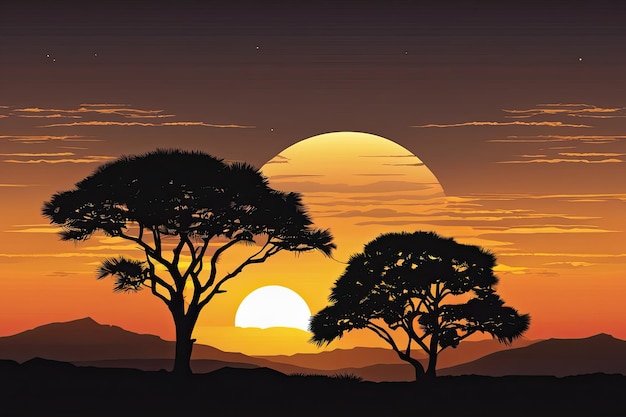 Le coucher de soleil de la savane africaine avec les silhouettes des acacias