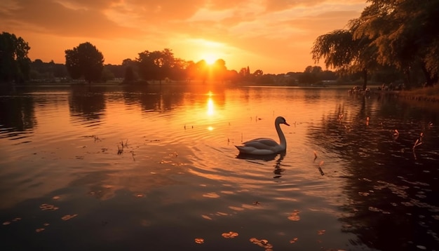 Le coucher de soleil se reflète sur l'eau créant une scène tranquille de la nature générée par l'intelligence artificielle