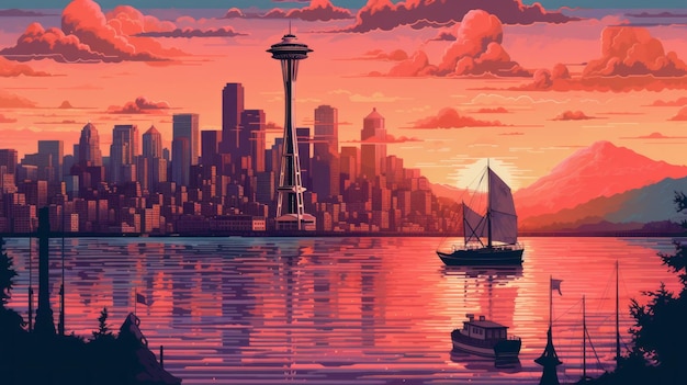 Photo coucher de soleil de seattle dans les années 1770, une illustration d'art pixel