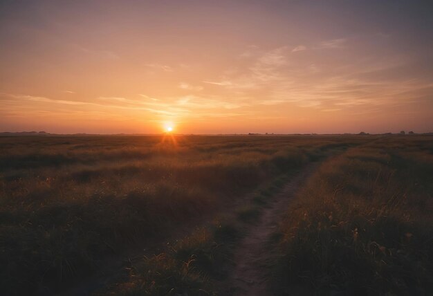 un coucher de soleil avec un sentier au milieu d'un champ