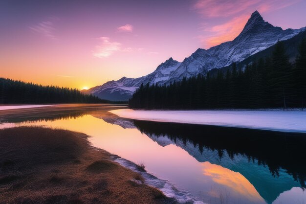 Un coucher de soleil serein sur les montagnes Un paysage majestueux inondé de la chaleur du crépuscule