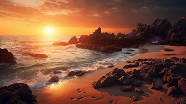 Un coucher de soleil serein sur l'océan avec un rivage rocheux