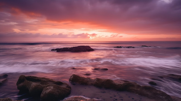 Un coucher de soleil serein sur une plage avec des roses tendres et des oranges