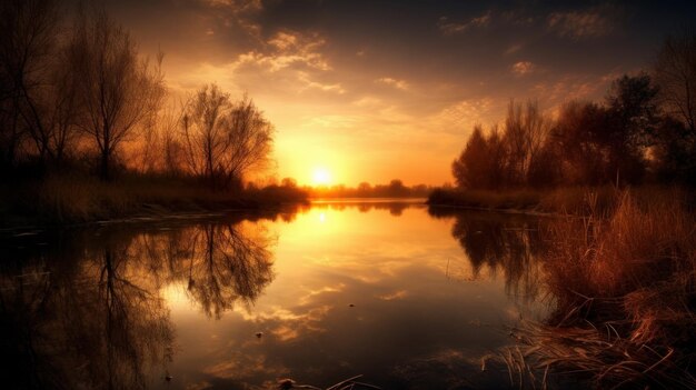 Un coucher de soleil serein reflété sur une rivière