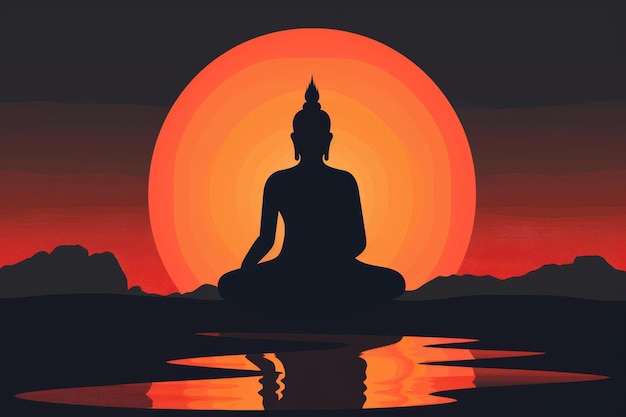 un coucher de soleil avec une silhouette de Bouddha au milieu