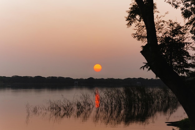 Coucher de soleil silhouette sur le lac dans un parc public