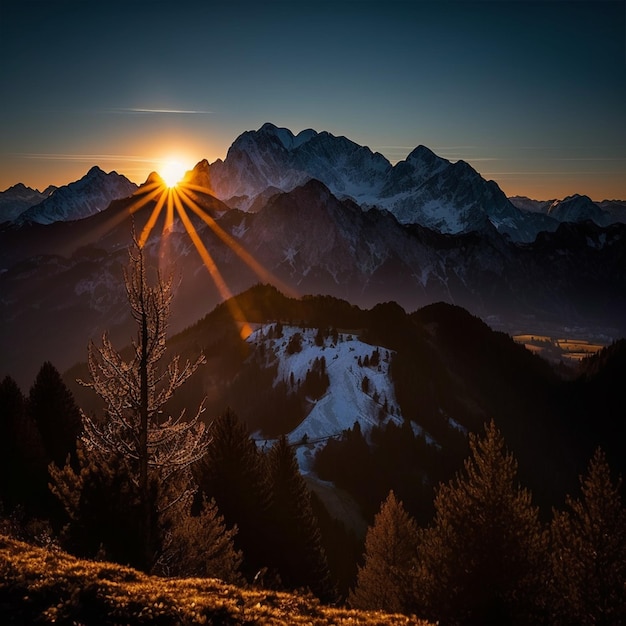 Un coucher de soleil avec le soleil couchant derrière une chaîne de montagnes