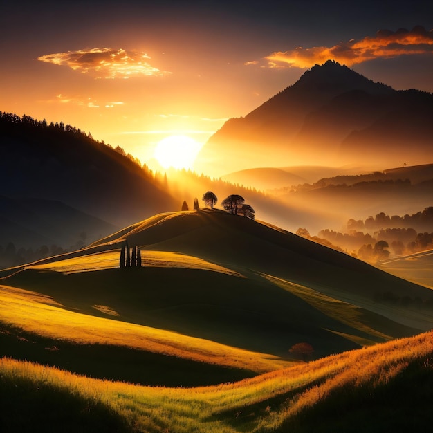 Un coucher de soleil avec le soleil couchant derrière les montagnes