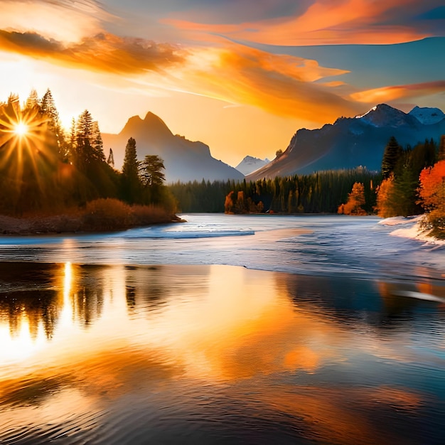 Un coucher de soleil avec le soleil qui brille sur l'eau et les montagnes en arrière-plan.