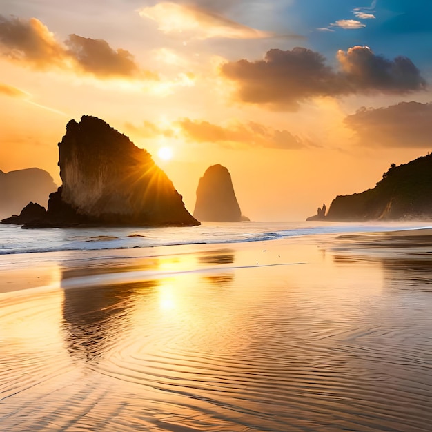 Un coucher de soleil avec le soleil se couchant sur l'océan et les rochers sur la plage.