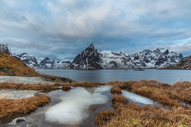 Coucher de soleil sous l'heure bleue sur le fjord dans la nuit polaire sur les îles Lofoten, Norvège.