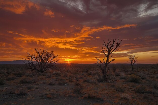 Un coucher de soleil spectaculaire dans le désert avec la silhouette d'un arbre