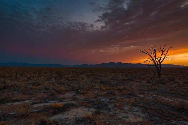 Photo un coucher de soleil spectaculaire dans le désert avec la silhouette d'un arbre