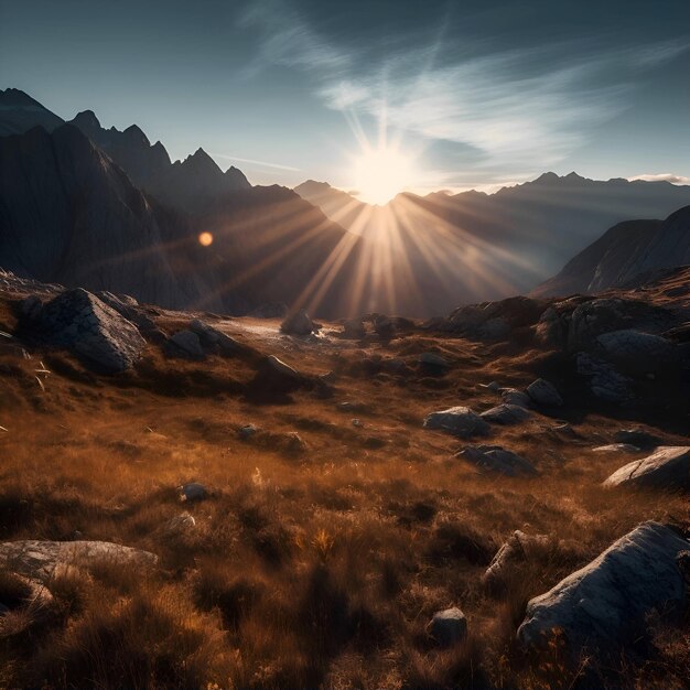 Photo un coucher de soleil spectaculaire dans les montagnes un magnifique paysage naturel rendu en 3d