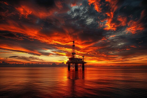 Un coucher de soleil spectaculaire sur une plate-forme pétrolière dans l'océan avec des nuages sombres