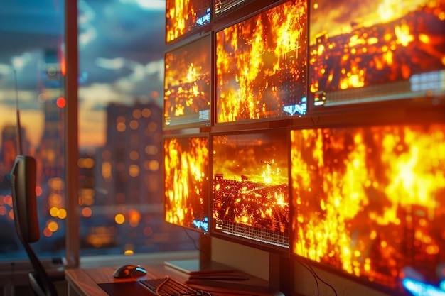 Un coucher de soleil spectaculaire reflété sur plusieurs écrans d'ordinateur dans un bureau urbain